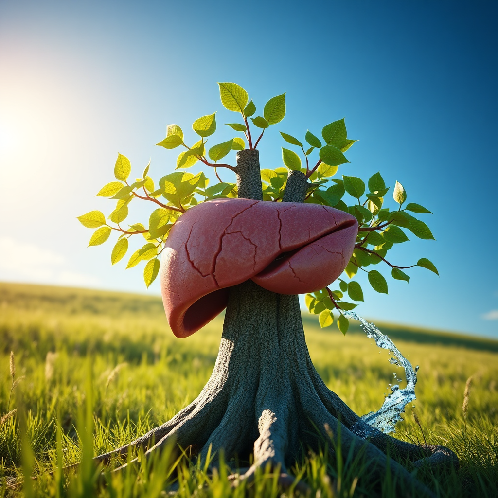 A photorealistic, ultra-high quality header image for Hepatoburn, showcasing a healthy, vibrant liver. The liver should be depicted as a strong, resilient tree trunk with healthy, green leaves sprouting from it, symbolizing growth and vitality. The background features a serene, sun-drenched meadow with a clear blue sky. The lighting should be warm and inviting, with soft shadows adding depth and dimension. The color palette should be dominated by greens, blues, and golds, creating a sense of natural harmony and well-being. The camera angle should be a low-angle shot, emphasizing the strength and size of the liver-tree. Textures should be highly detailed, showcasing the intricate patterns of the bark and the delicate veins of the leaves. Include subtle elements of flowing water nearby, representing detoxification. Style should evoke a sense of nature and scientific precision. Render in 8K resolution, hyperrealistic detail.
