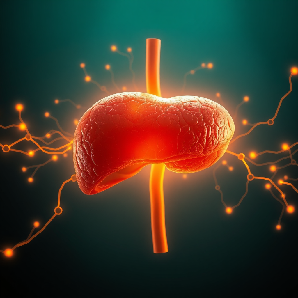 A photorealistic, ultra-high quality 8K image depicting a healthy human liver subtly glowing with vitality. The liver should be positioned centrally, bathed in soft, warm, golden light that symbolizes health and well-being. Surrounding the liver, visualize abstract representations of metabolic processes - think interconnected pathways visualized as shimmering, flowing lines of energy. The background should be a deep, rich teal, providing a strong contrast to the warm tones of the liver and the energy pathways. The camera angle should be slightly elevated, offering a comprehensive view of the organ and its surrounding processes. Textural details are crucial – ensure the liver's surface has a realistic, slightly bumpy texture. Style reference: blend anatomical accuracy with a touch of abstract, futuristic visualization. This image should convey the importance and complexity of liver function in a visually stunning and easily understandable way. Hyperrealistic rendering is essential for impact.