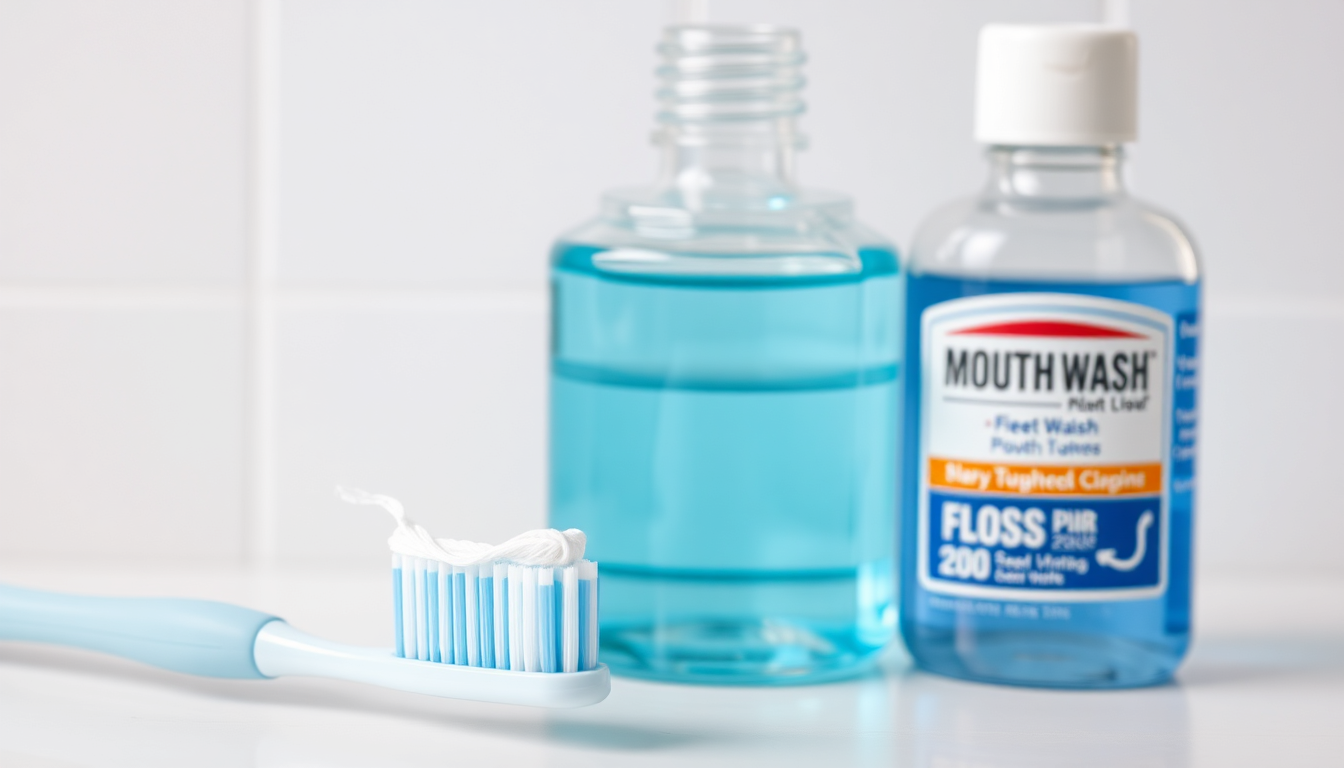 A visual representation of a balanced approach to oral health, showing images of brushing teeth, healthy food, and a Prodentim tablet arranged in a harmonious composition. Use a bright and clean color palette to convey the feeling of well-being and balance.
