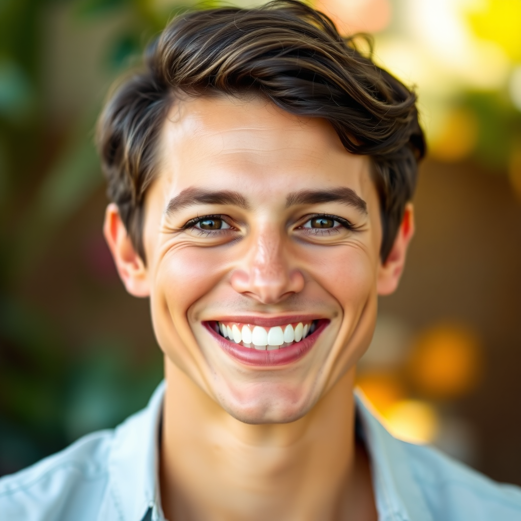 A portrait of a person smiling confidently with healthy, white teeth. They are surrounded by a subtle, glowing aura of freshness. The background should be softly blurred, with hints of nature and vibrant colors. Focus on the confident smile and the overall feeling of well-being. Showcase the healthy results.
