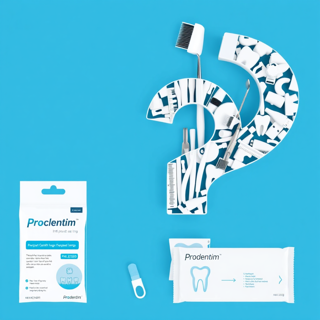 A question mark composed of various dental tools and Prodentim packaging. The image should visually represent common queries about dental health. The color scheme is clean and informative, with a focus on white and blue.