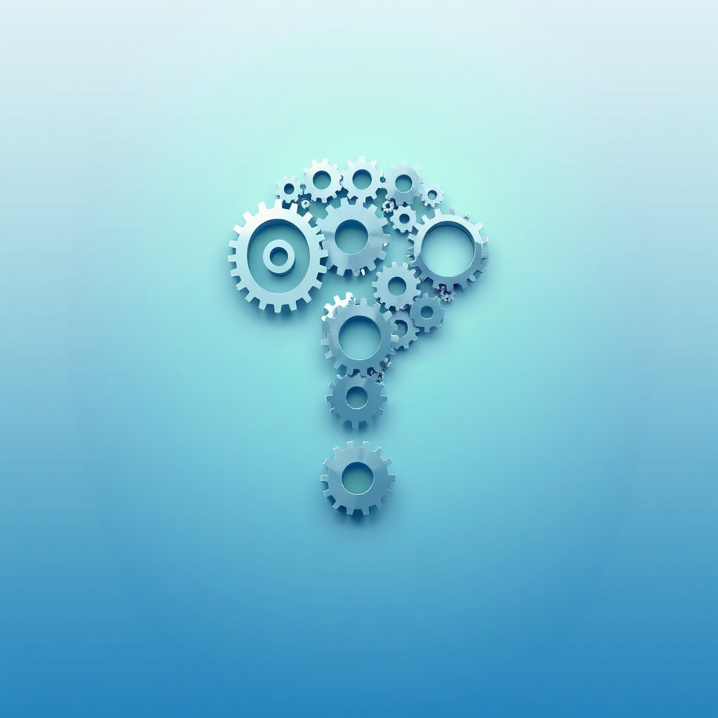 A question mark symbol made of interconnected gears and cogs, representing the complexity of Medicare and the need for clear answers. The background is a clean, modern design with subtle blue and green hues. Stylized.