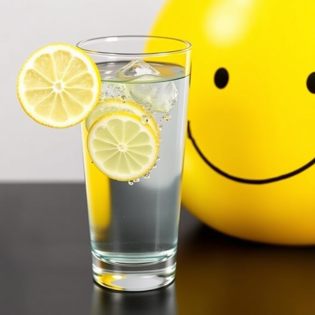 A refreshing glass of water with a slice of lemon, positioned next to a smiling face, symbolizing hydration and a healthy mouth.