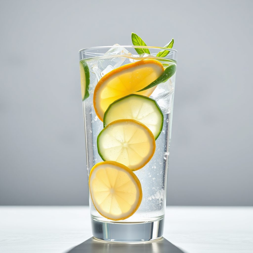 A refreshing, photorealistic image of a glass of clean, clear water with slices of lemon and cucumber. The lighting should be bright and sparkling, emphasizing the purity and revitalizing qualities of water. Style: Lifestyle photography. 8k Resolution.