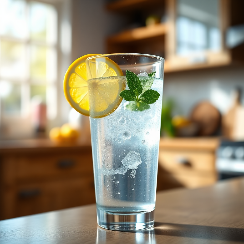 A refreshing, photorealistic image of a clear glass filled with pure, clean water, garnished with a slice of lemon and a sprig of mint. Beads of condensation cling to the glass, indicating coolness. The background is blurred, showing a sun-drenched kitchen with natural light streaming in. The lighting is bright and crisp, highlighting the clarity of the water. The color palette is clean and refreshing, with blues, greens, and yellows. The style is natural and healthy, emphasizing the benefits of hydration.