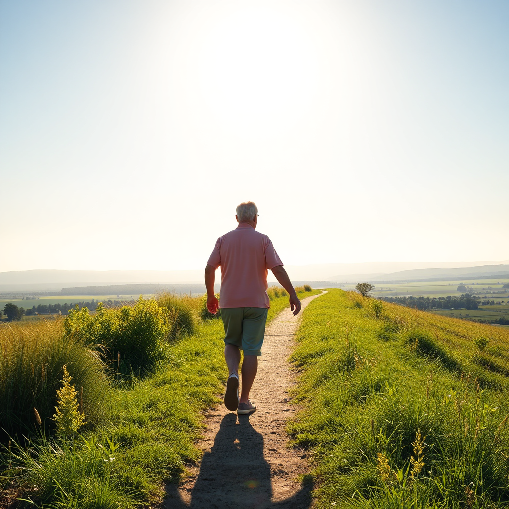 A senior citizen confidently walking towards the horizon, representing a secure and healthy future. The sun is shining brightly, and the landscape is vibrant and welcoming. The image should convey optimism and peace of mind. Photorealistic.