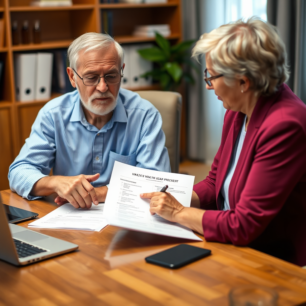 A senior citizen sitting at a desk with a consultant, reviewing a checklist of healthcare needs and budget considerations. The consultant is pointing to a specific item on the checklist. The image should convey personalized advice and informed decision-making. Photorealistic.