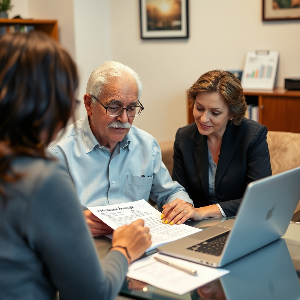 A senior individual filling out a Medicare Advantage enrollment form with the assistance of a consultant. The setting is a comfortable office, with a laptop displaying helpful resources and a clear, organized workspace. The scene exudes competence and reassurance. Photorealistic.