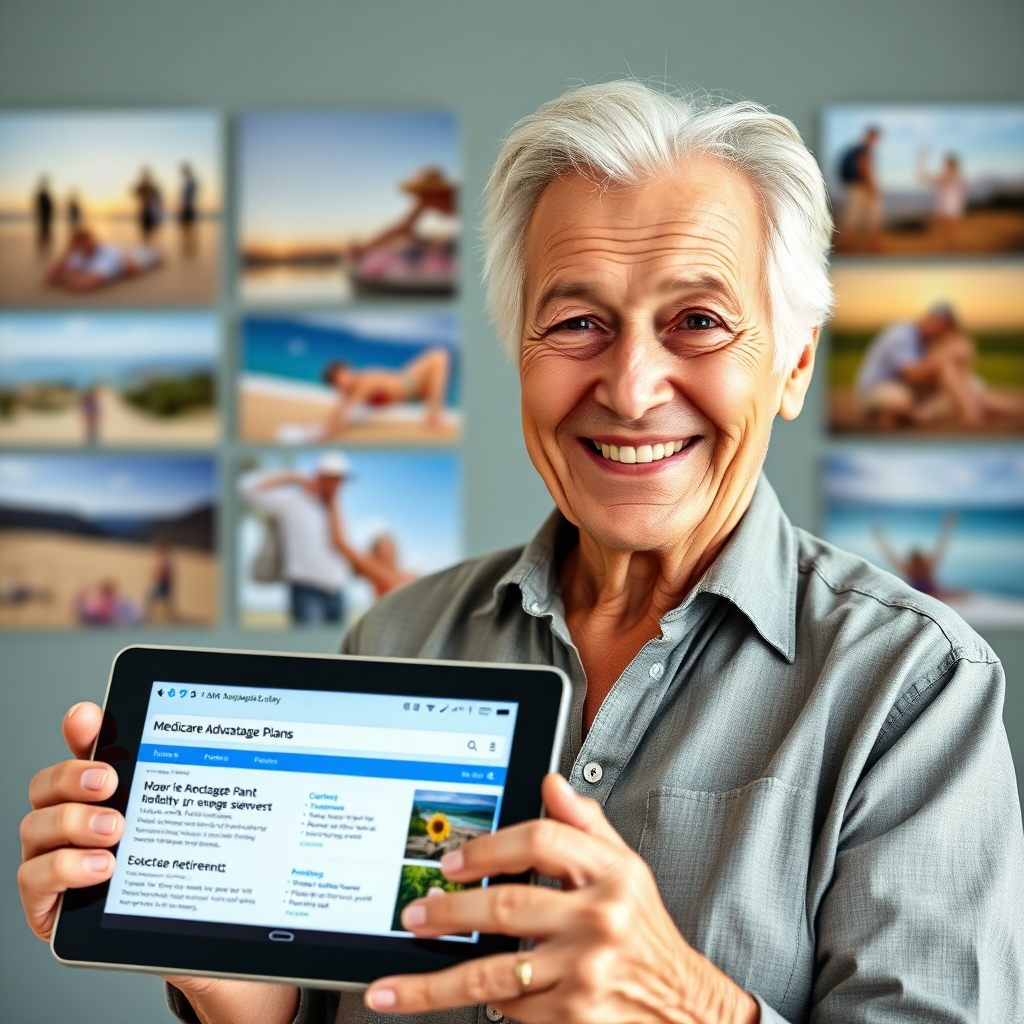 A senior individual smiling confidently while holding a tablet that displays search results for 'Medicare Advantage Plans'. The background showcases various lifestyle images, suggesting an active and healthy retirement. The overall tone is empowering and optimistic. Photorealistic.