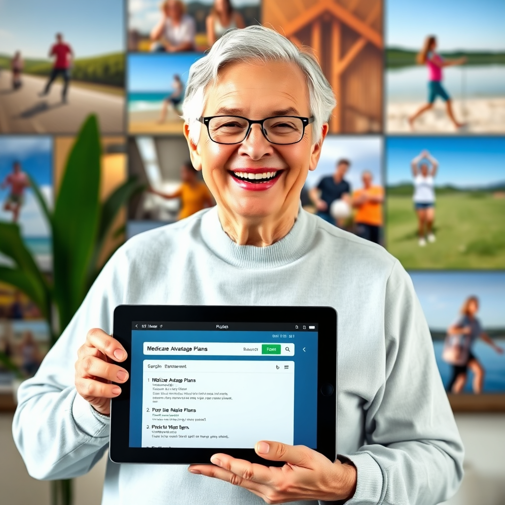 A senior individual smiling confidently while holding a tablet that displays search results for 'Medicare Advantage Plans'. The background showcases various lifestyle images, suggesting an active and healthy retirement. The overall tone is empowering and optimistic. Photorealistic.