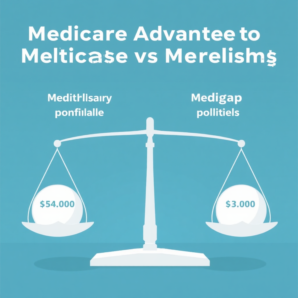 A set of scales comparing the monthly premiums and out-of-pocket costs of Medicare Advantage plans and Medigap policies. The scales should visually represent the cost trade-offs between the two options. Stylized.