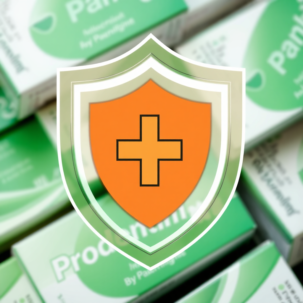 A shield with a plus sign inside, symbolizing safety and protection, overlaid on Prodentim packaging. The image should convey trustworthiness and reliability. The color scheme is calming and reassuring, with a focus on green and white.
