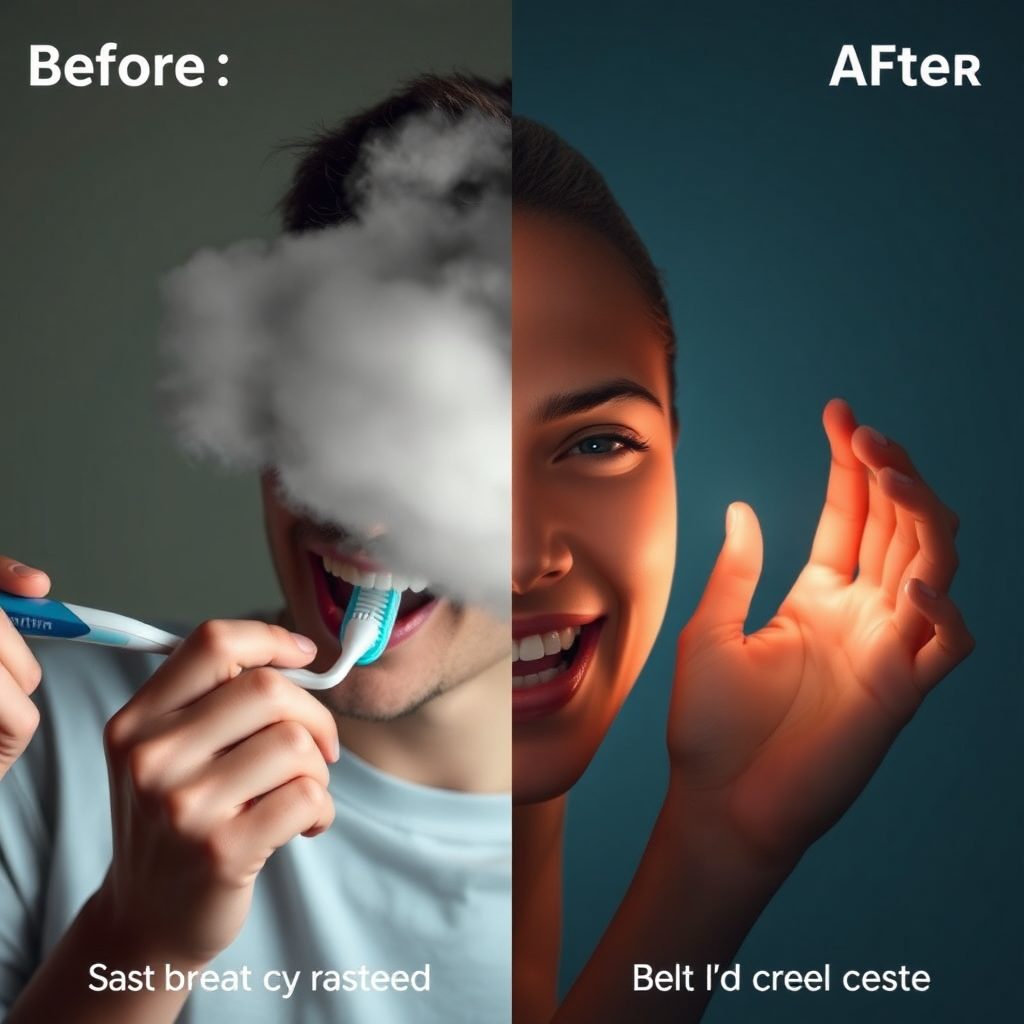 A split image: On one side, visualize someone brushing their teeth with toothpaste, but the bad breath persists (represented by a faint, dark cloud). On the other side, visualize someone using Prodentim, and the bad breath disappears completely (represented by a bright, clean light). The image highlights the difference between masking symptoms and addressing the root cause. Lighting: contrasting lighting to emphasize the difference. Color palette: muted colors for the symptom masking side, bright colors for the root cause solution side. Style: Before & After product visualization, 8K resolution.