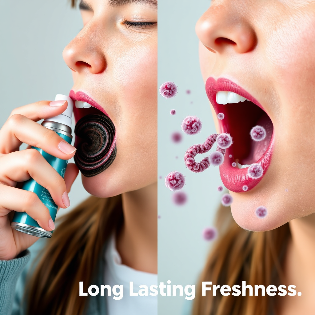 A split image. One side shows a person spraying breath freshener into their mouth, with the unpleasant odor visually represented by dark swirls. The other side shows the same person using Prodentim, with a visual representation of healthy bacteria colonizing and eliminating the dark swirls. Focus on the vibrant, healthy visuals of the bacteria, symbolizing long lasting freshness.