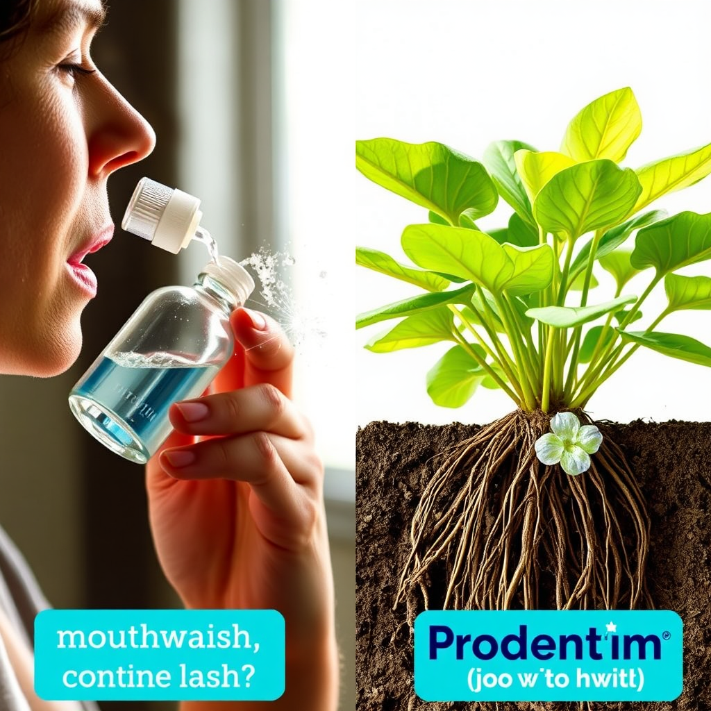 A split-screen image. On one side, a person is using mouthwash, but the effect is fleeting and superficial, represented by a quickly fading sparkle. On the other side, the roots of a plant are being nourished with Prodentim, leading to vibrant and healthy growth. This is to suggest that Prodentim provides a deeper, more lasting solution.