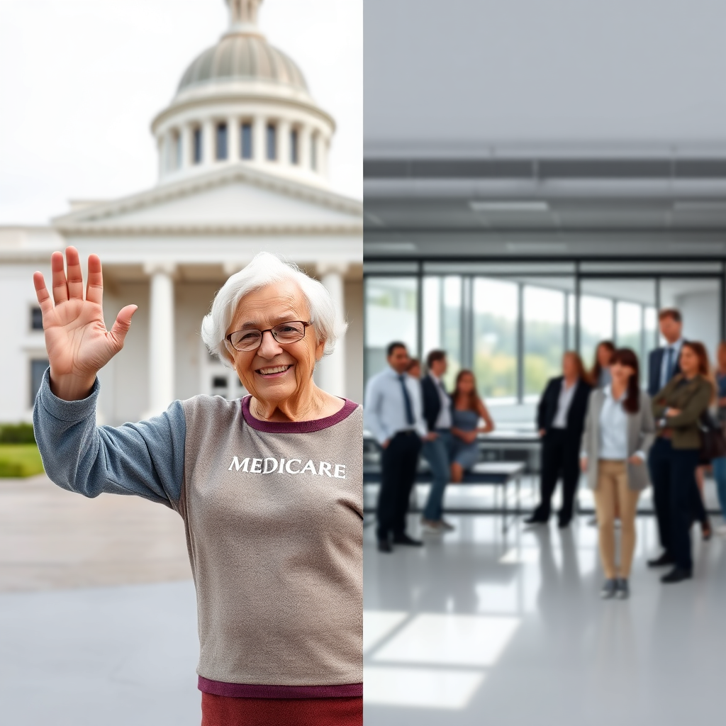 A split-screen image. On one side, an older couple is smiling and waving in front of a government building, symbolizing Medicare. On the other side, a diverse group of people is depicted in a modern office setting, representing private insurance. The image should convey the distinct environments and target audiences. Photorealistic.