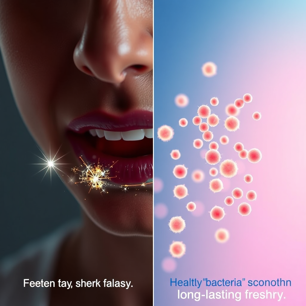A split-screen image: on the left, a person using mouthwash with a fleeting sparkle effect that quickly fades. On the right, a person using Prodentim, with healthy bacteria visualized as tiny, glowing orbs establishing a thriving colony. The color scheme on the right should be vibrant and suggestive of long lasting freshness. Side by side comparison, for impact.