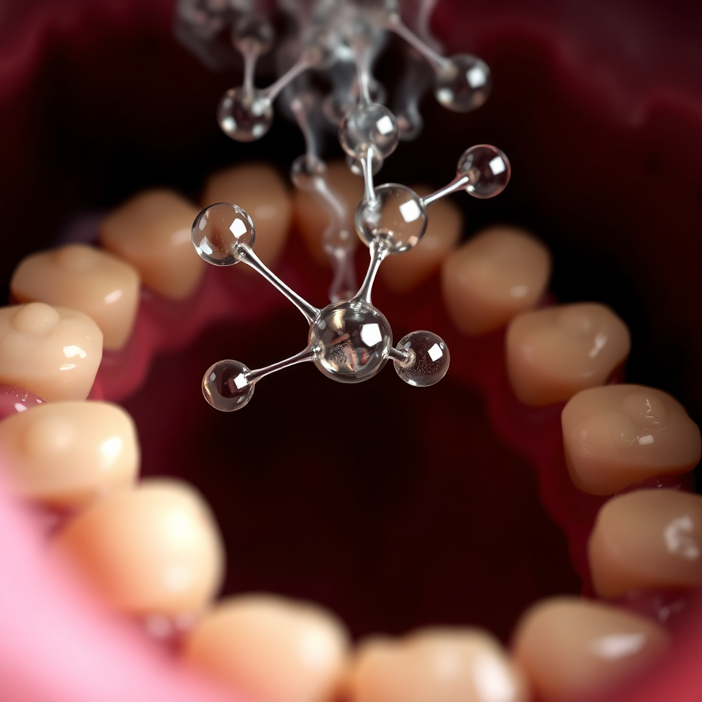 A stylized 3D rendering of gas molecules (hydrogen sulfide and methyl mercaptan) emanating from a decaying food particle trapped between teeth. The teeth should appear slightly discolored. The color scheme should be muted and slightly unpleasant, to evoke the feeling of bad breath. The background can be a blurry image of the oral cavity.