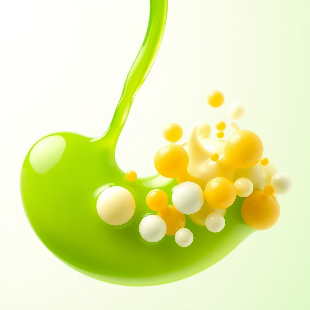 A stylized 8K image representing bile production and its role in fat digestion. Visualize bile as a vibrant green liquid emulsifying fat molecules, breaking them down into smaller, more easily absorbed particles. Use a color palette of bright greens and yellows for the bile, with creamy whites and oranges for the fat molecules. The background should be a gradient of light green to white, creating a sense of cleanliness and purity. The camera angle should be a close-up, focusing on the emulsification process. Add subtle animation effects to the bile and fat molecules to symbolize their interaction. The overall style should be modern and abstract, conveying the importance of bile production in a visually engaging way. Style reference: chemical process visualization meets abstract art.