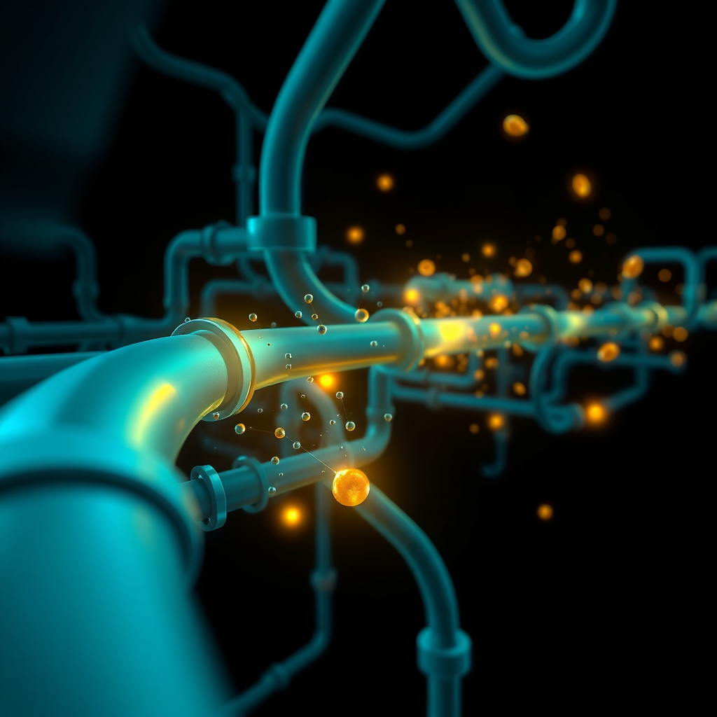 A stylized 8K image representing the liver's detoxification process as a complex, interconnected network of pipelines and filters. Visualize toxins as small, dark particles being processed and transformed into harmless, glowing particles. Use a color palette of deep blues and greens for the pipelines, with flashes of bright yellow and orange to represent the detoxification process. The background should be a deep black, creating a sense of mystery and intrigue. The camera angle should be slightly angled, providing an overview of the entire network. Add subtle animation effects to the particles to symbolize their movement. The overall style should be modern and abstract, conveying the complexity of the detoxification process in a visually engaging way. Style reference: industrial design meets scientific visualization.