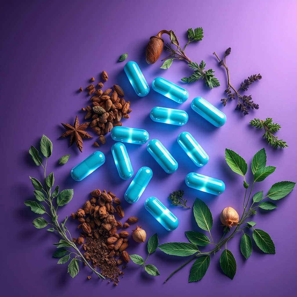 A stylized 8K image representing liver-supportive supplements as glowing capsules and herbs arranged in a geometric pattern. Use a color palette of calming blues and greens for the capsules, with earthy browns and greens for the herbs. The background should be a gradient of deep purple to light lavender, creating a sense of tranquility and well-being. The camera angle should be slightly above, providing an overview of the entire arrangement. Add subtle glowing effects to the capsules and herbs to symbolize their beneficial properties. The overall style should be modern and abstract, conveying the potential benefits of these supplements in a visually engaging way. Style reference: pharmaceutical visualization meets botanical art.