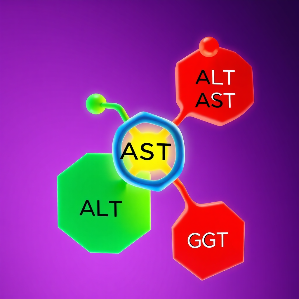 A stylized 8K image representing liver enzymes (ALT, AST, ALP, GGT) as abstract, interconnected geometric shapes. These shapes should be rendered in vibrant, contrasting colors (e.g., red, blue, green, yellow) to distinguish them. The background should be a gradient of deep purple to light lavender, creating a sense of depth and mystery. The camera angle should be slightly above, providing an overview of the interconnected enzyme network. Add subtle glowing effects to the shapes to symbolize their activity. The overall style should be modern and abstract, conveying the complexity of liver enzyme function in a visually engaging way. Style reference: modern art meets scientific visualization. Focus on creating a visually striking and memorable representation.