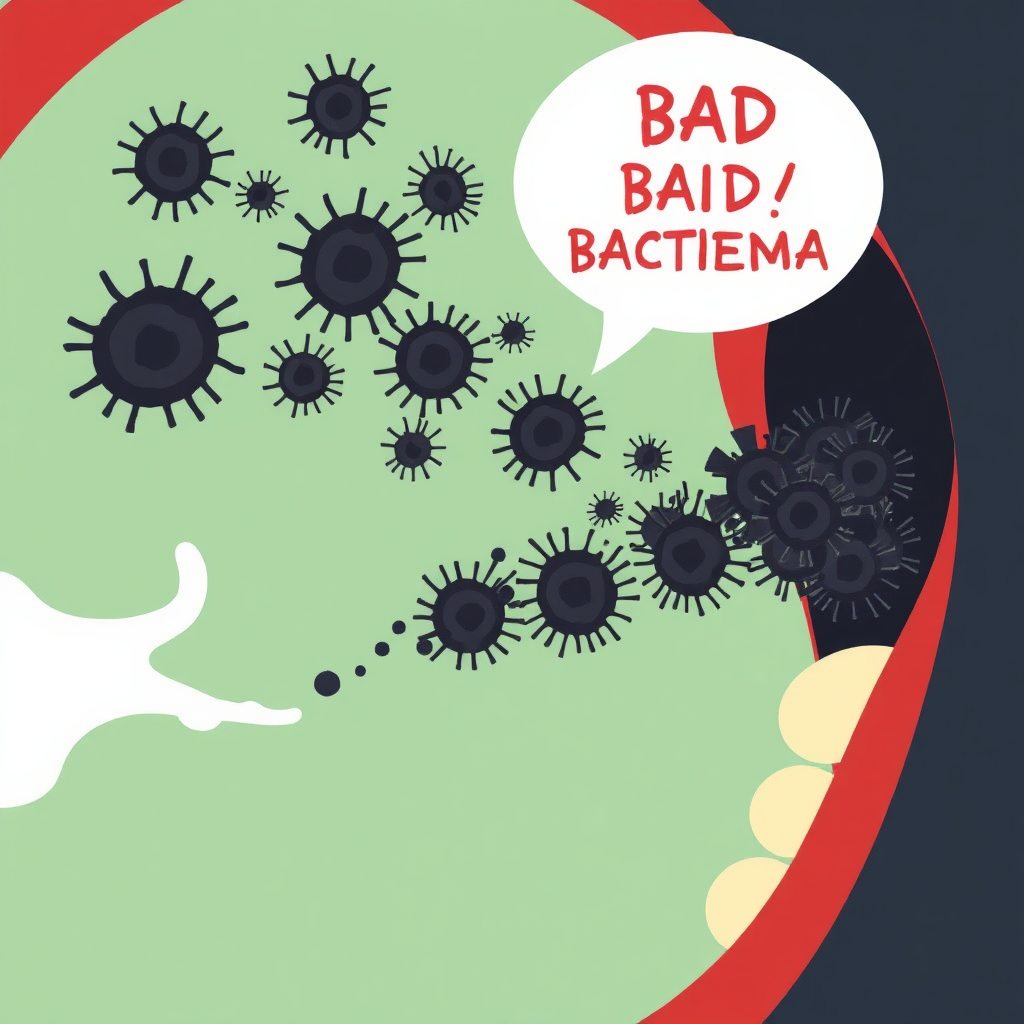 A stylized depiction of a mouth with a disproportionate number of dark, spiky bacteria (representing 'bad' bacteria) releasing noxious fumes. The 'good' bacteria are small, hidden, and overwhelmed. Use dark and unpleasant colors to visualize the negative impact.