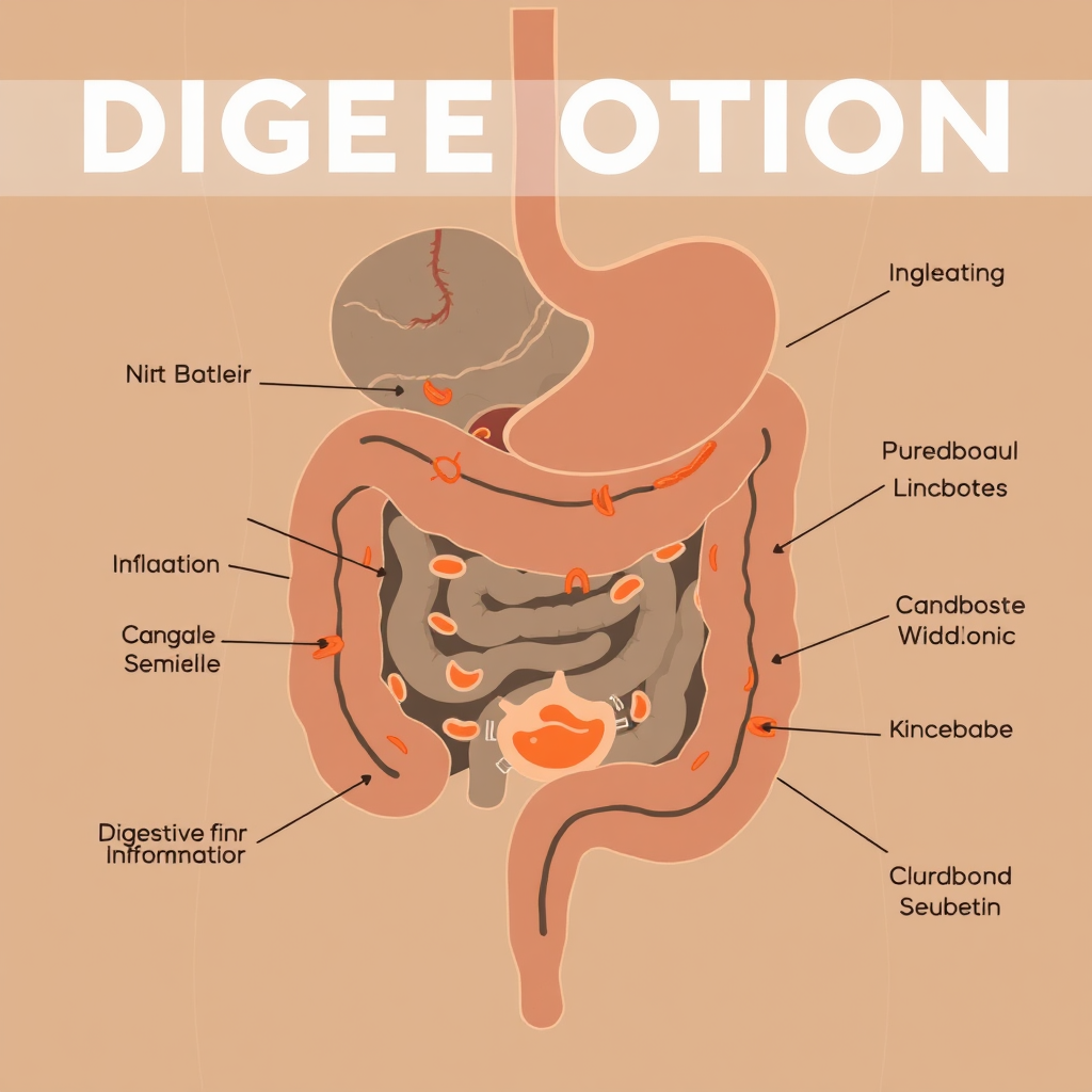A stylized illustration of a distressed digestive system, with bloating and inflammation. Colors should be muted and uncomfortable. Style: Infographic. 8k Resolution.