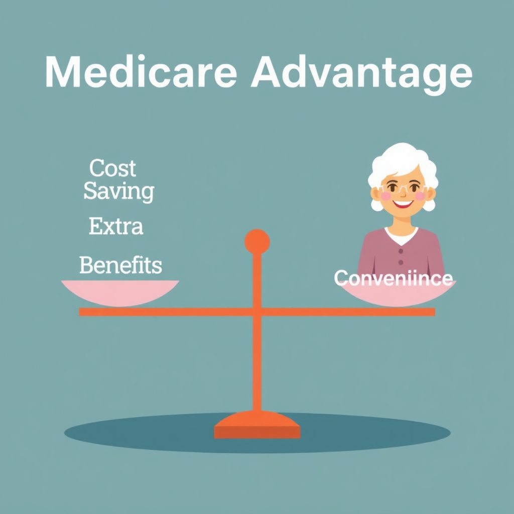 A stylized illustration showing a set of scales balanced with 'Cost Savings', 'Extra Benefits', and 'Convenience' on one side, and a happy senior citizen on the other side. The scales are evenly balanced, representing the advantages of Medicare Advantage. Stylized.