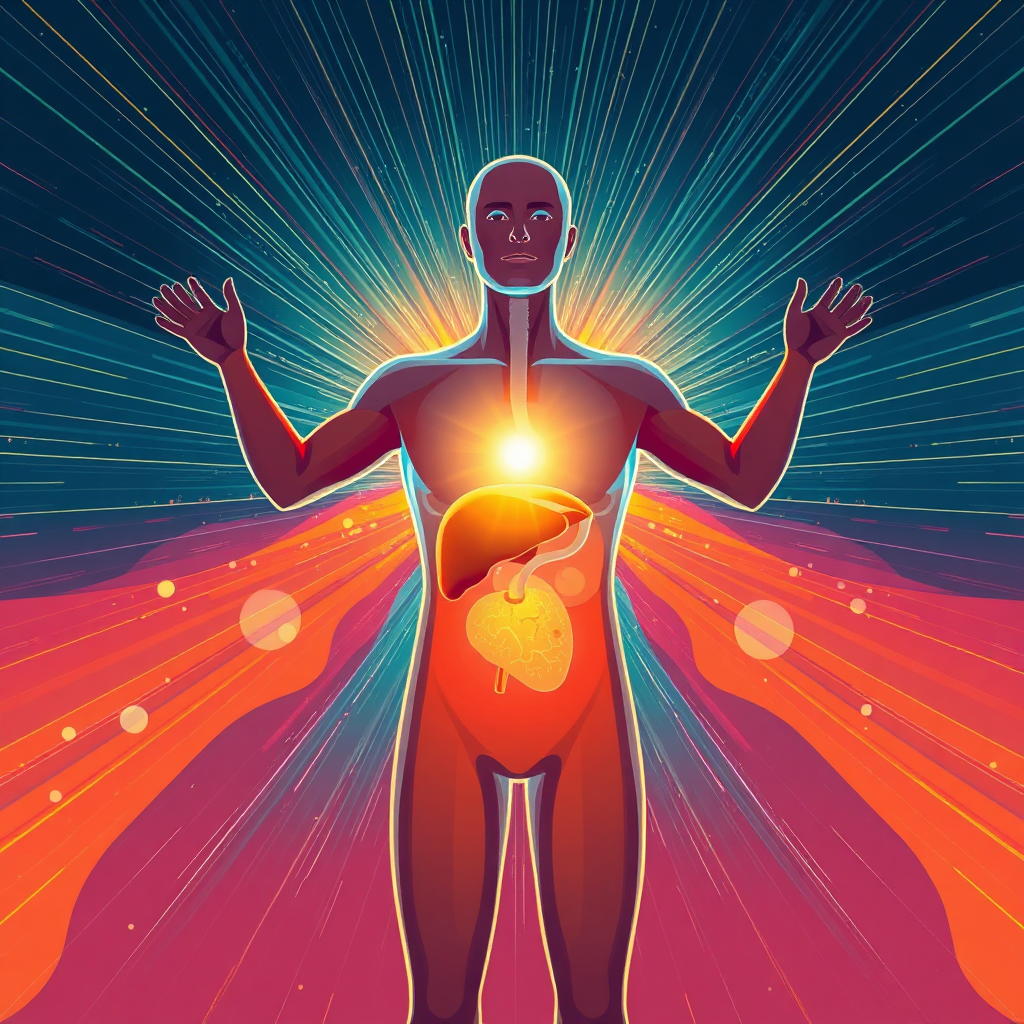 A stylized image of a person radiating energy, with streams of light emanating from their body. The liver is depicted as a glowing source of power within their abdomen. Colors should be vibrant and energetic, emphasizing the positive effects of a healthy liver. Style: Modern, abstract art. 8k Resolution.
