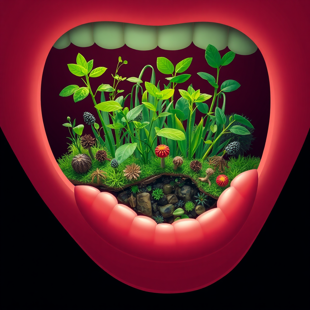 A stylized image representing a balanced oral microbiome. Imagine a terrarium inside a mouth, with vibrant green plants (good bacteria) thriving alongside smaller, darker patches (bad bacteria), but the green dominates. The overall feeling is one of a healthy, thriving ecosystem. Focus on a close up of the plants, making them identifiable as something healthy.