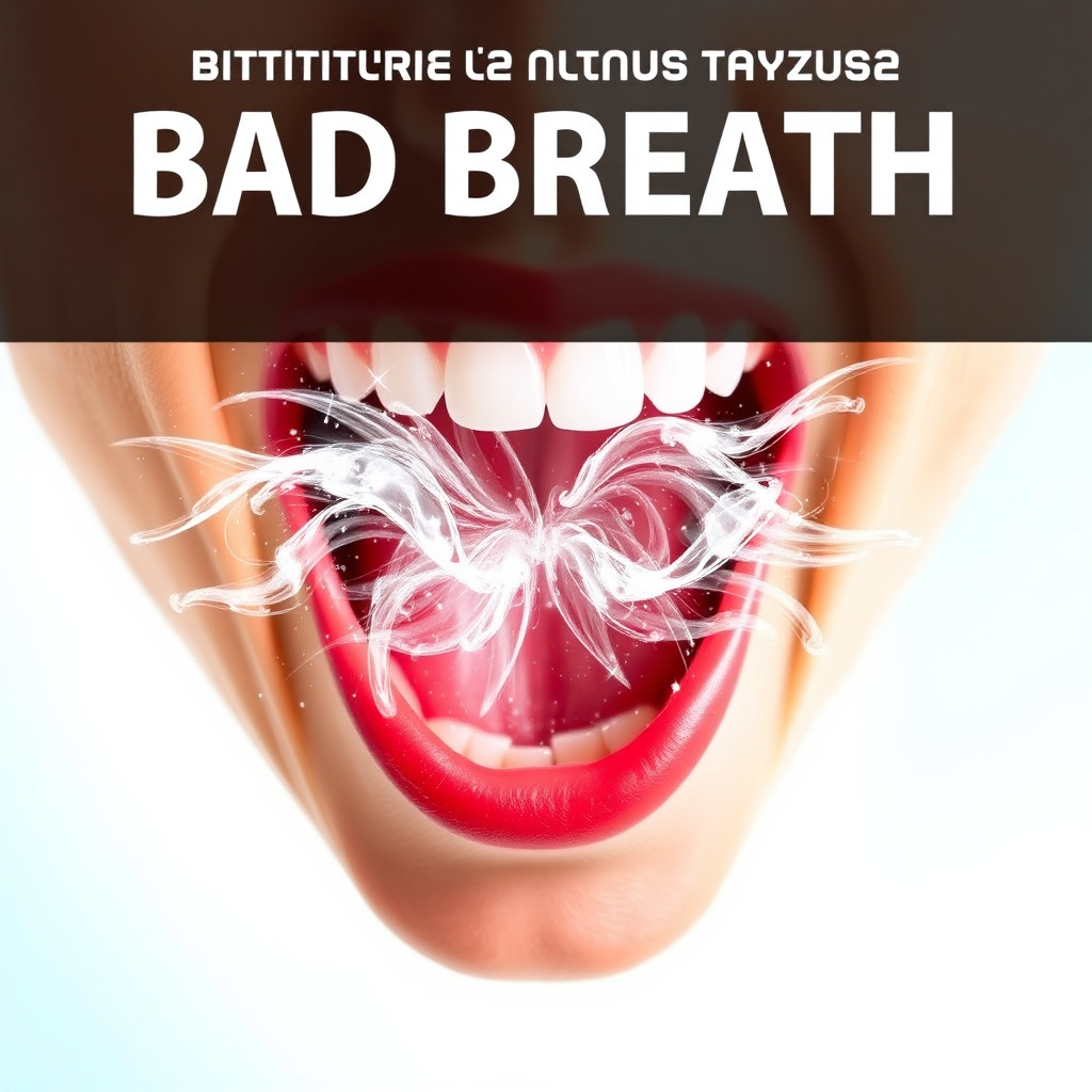 A stylized image showcasing a burst of fresh air emanating from a smiling mouth. The air is depicted as shimmering, clean waves that symbolize the neutralization of bad breath. The background is bright and airy, with a gradient of light blue and white. The lighting is bright and vibrant, emphasizing the feeling of freshness and cleanliness. The style is modern and refreshing, emphasizing the benefits of Prodentim for breath enhancement.