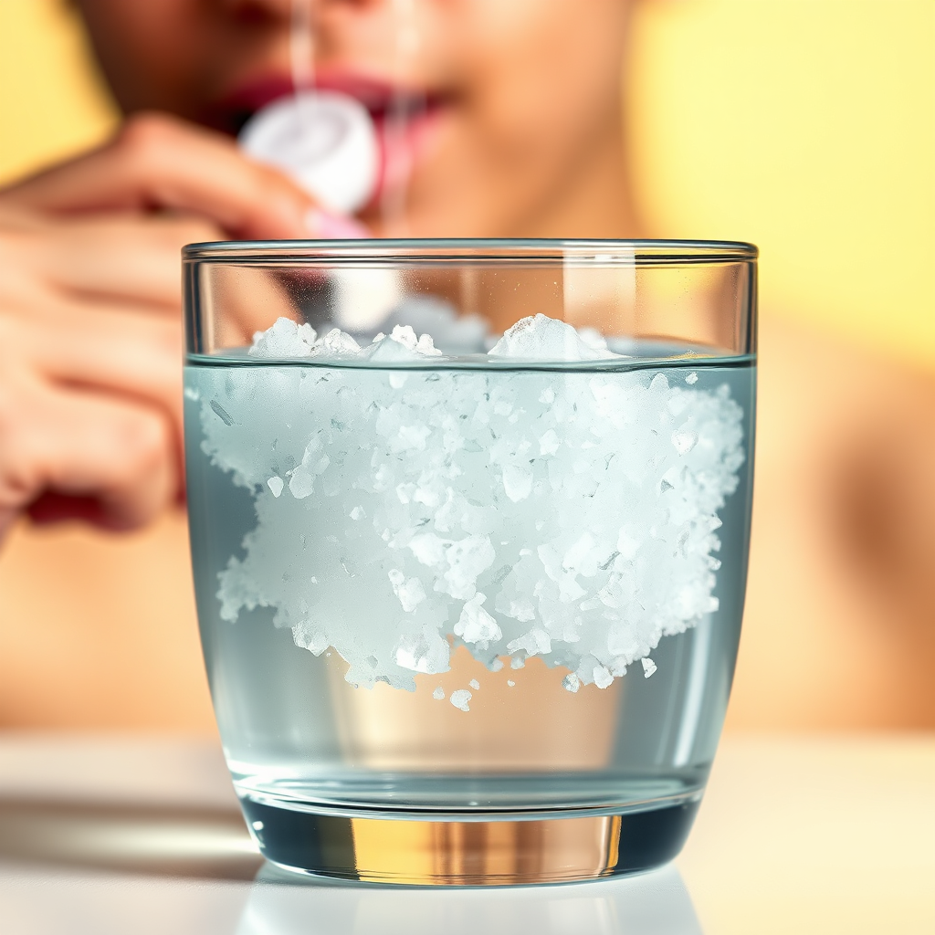 A stylized, photorealistic image of a glass filled with warm water with visible salt crystals dissolving within. The water is translucent, with a subtle gradient of warmth emanating from it. Steam rises gently. In the background, a blurred image of a person rinsing their mouth, creating a sense of use. The lighting is warm and inviting, highlighting the natural texture of the salt crystals. The color palette is warm and inviting, with soft yellows and whites. The style is natural and calming, emphasizing the therapeutic benefits of saltwater rinses.