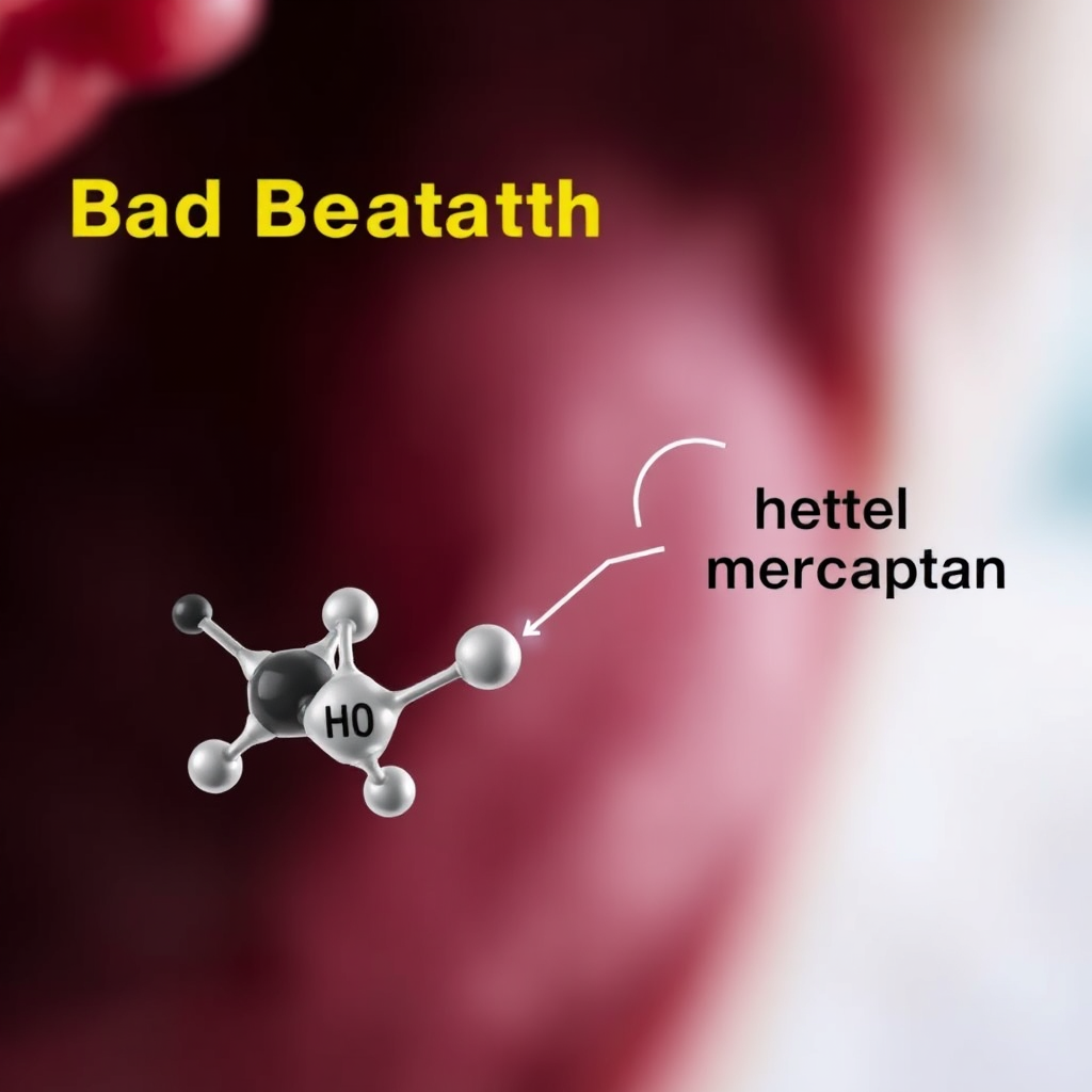 A stylized visualization of hydrogen sulfide and methyl mercaptan molecules emanating from a source of decay. The molecules should be clearly labeled, and the background should be a blurred representation of the oral cavity, emphasizing the connection between the molecules and bad breath.