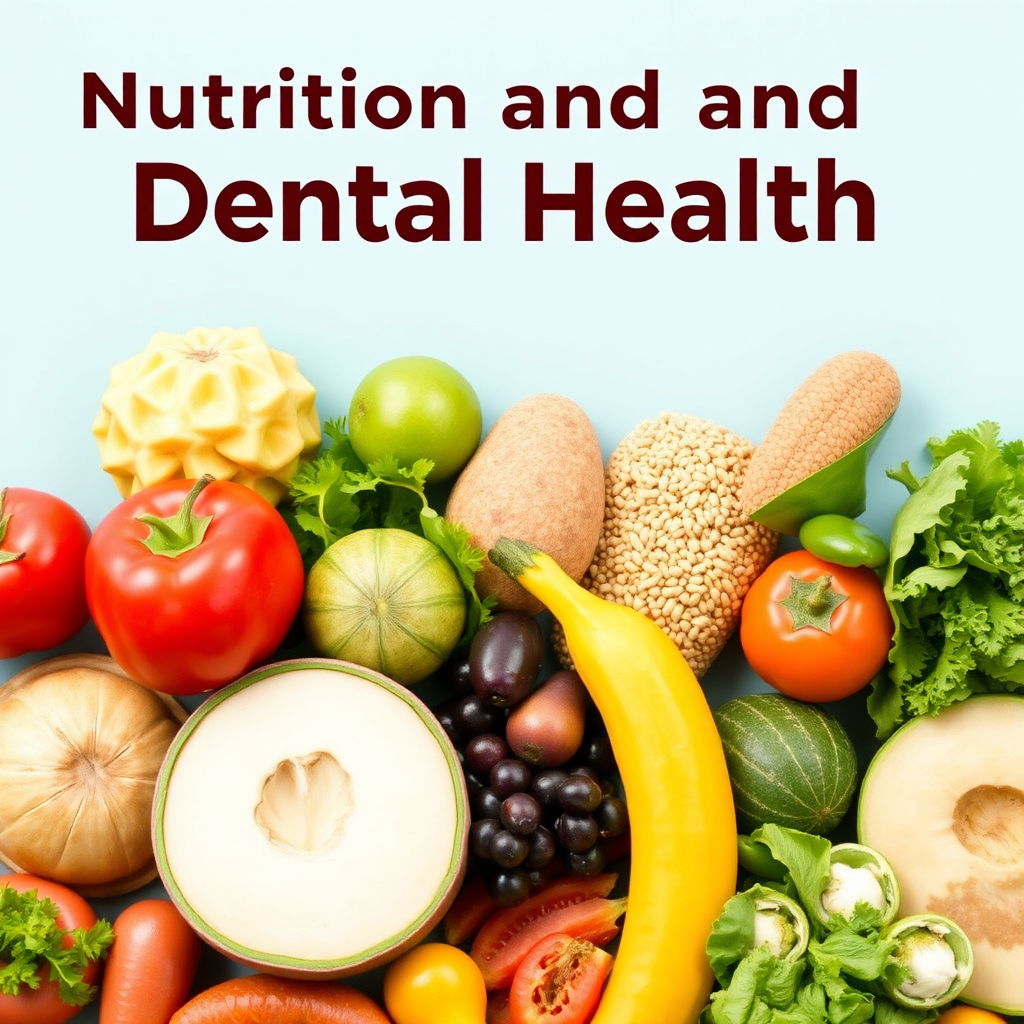 A variety of healthy foods, such as fruits, vegetables, and whole grains, arranged in a visually appealing way. The image should convey the connection between nutrition and dental health. The color scheme is vibrant and fresh, with a focus on natural colors.