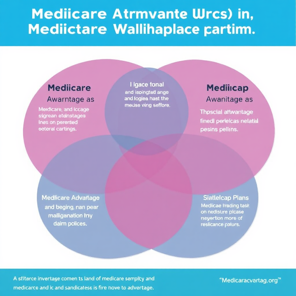 A Venn diagram comparing Medicare Advantage plans and Medigap policies, highlighting their similarities and differences. The diagram should be visually clear and informative. Stylized.
