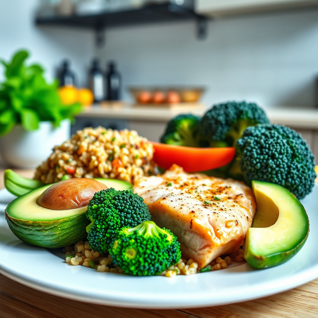 A vibrant, photorealistic image of a plate filled with colorful, healthy foods known to support muscle growth: lean protein (chicken breast or fish), quinoa, broccoli, and avocado. The lighting is bright and appetizing, highlighting the freshness of the ingredients. The background is a clean, modern kitchen setting.