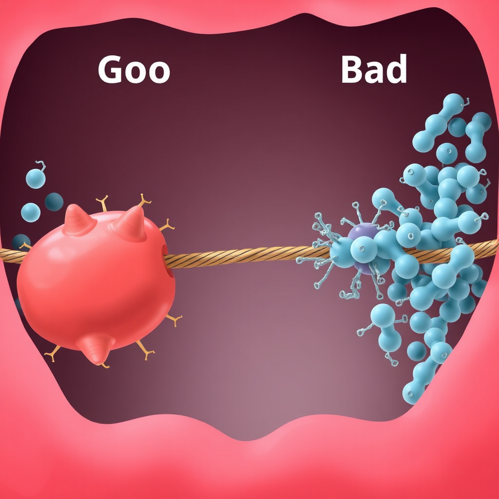 A visual representation of a tug-of-war between 'good' and 'bad' bacteria in the mouth. The 'bad' bacteria are larger, more numerous, and pulling harder, visibly overpowering the smaller group of 'good' bacteria. The background should subtly indicate the oral cavity.