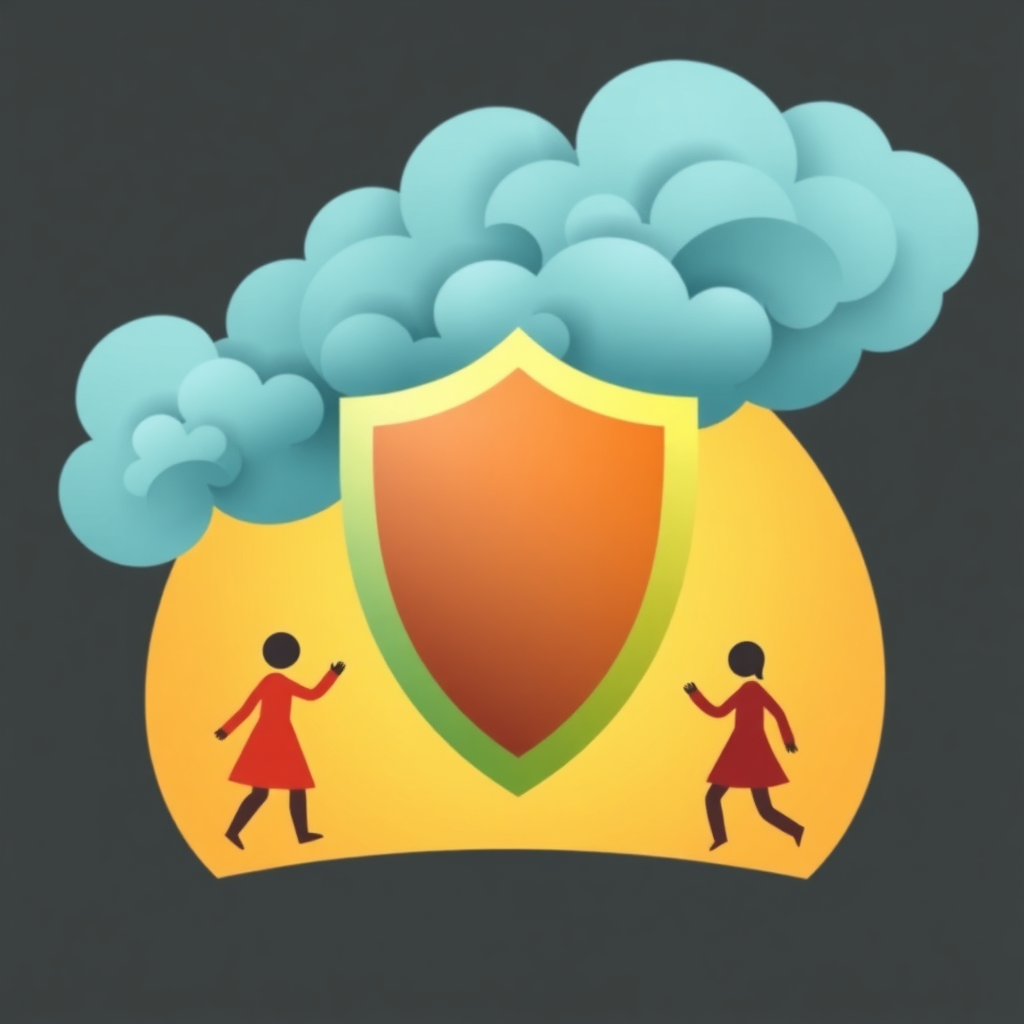 An abstract image representing a shield protecting a family from a storm of medical bills. The shield is made of overlapping layers of light blue and green, symbolizing the layers of health insurance coverage. The storm clouds should be stylized, not overly menacing. Stylized.