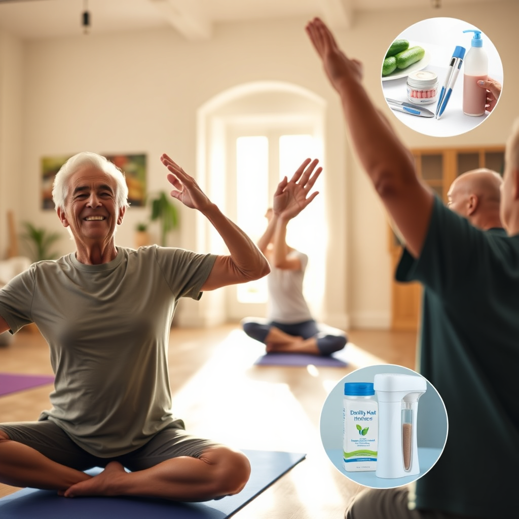 An elderly couple joyfully participating in a yoga class in a sunlit studio. Images of healthy food and dental hygiene products are subtly incorporated into the background, representing the additional benefits of Medicare Advantage. The overall tone should be positive and active. Photorealistic.