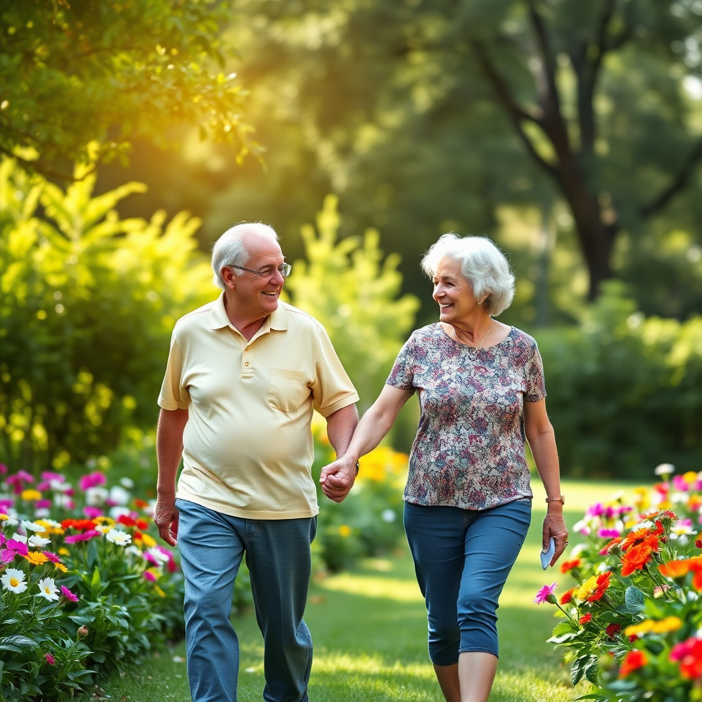 An elderly couple walking hand-in-hand through a park, surrounded by lush greenery and vibrant flowers. The sun is shining brightly, and the couple is smiling. The image should convey healthy living and proactive healthcare management. Photorealistic.
