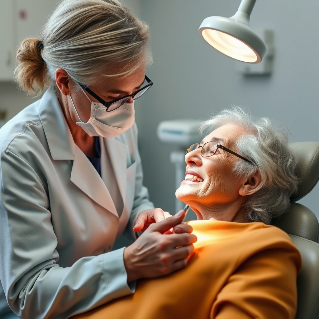 An elderly person receiving dental care from a compassionate dentist, ensuring their comfort and well-being. The scene should convey empathy and specialized care. The color scheme is calming and reassuring, with a focus on soft colors.