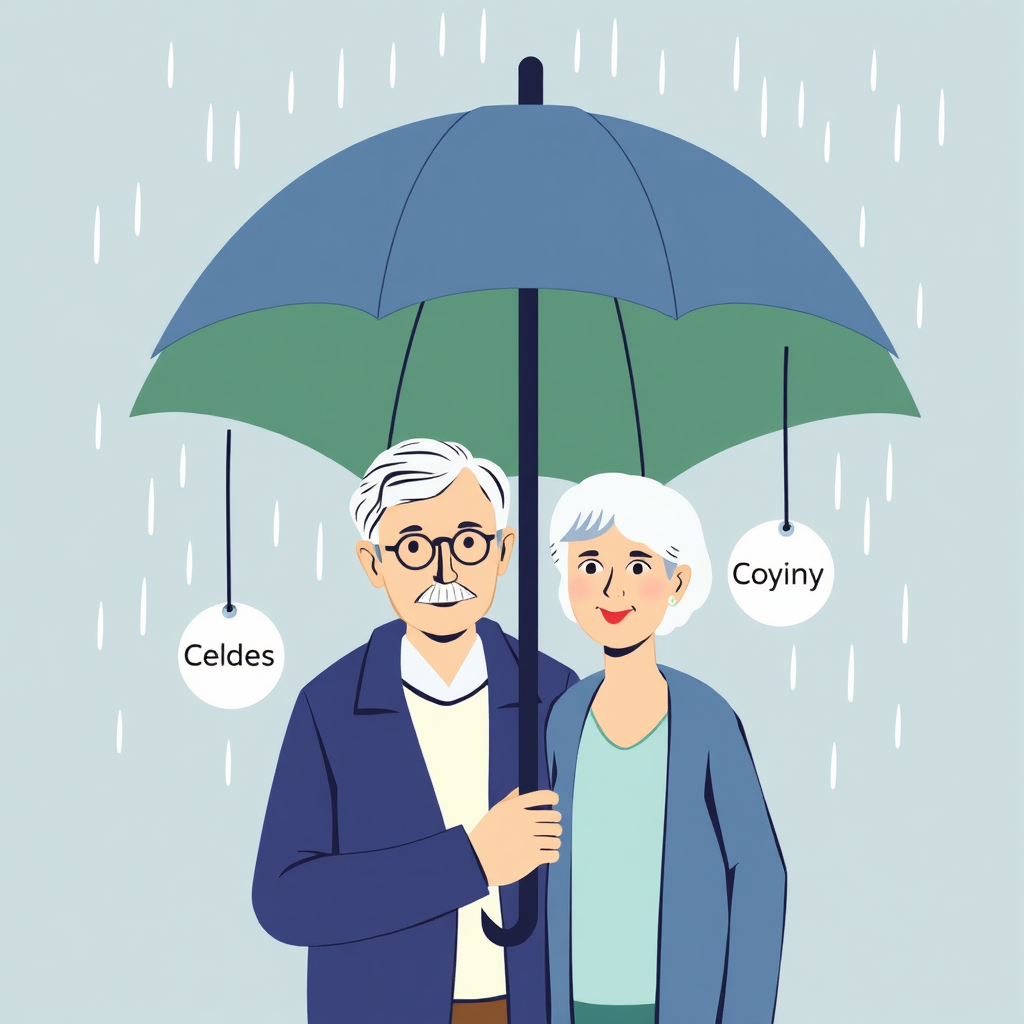 An illustration of a protective umbrella sheltering an elderly couple from raindrops labeled 'Deductibles', 'Copays', and 'Coinsurance'. The umbrella is colored in calming shades of blue and green. The image conveys a sense of security and financial protection. Stylized.