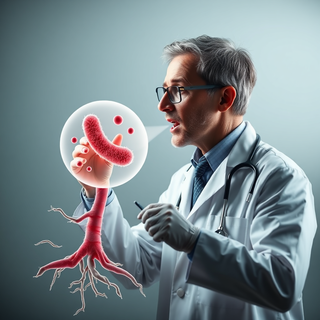 An image representing a doctor (representing Prodentim) examining and treating the root cause of a problem (bacterial imbalance) rather than just covering up the symptoms (bad breath). The root cause should be visually highlighted and addressed.