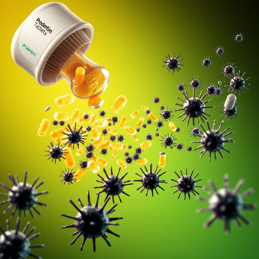 An image showing Prodentim tablets dissolving in the mouth, releasing a swarm of tiny, vibrant, and healthy bacteria that actively push back the dark, spiky 'bad' bacteria. The 'good' bacteria should visually dominate and restore balance. Use a bright and positive color scheme to emphasize the improvement.