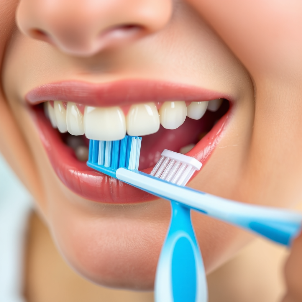Close up of a person using the correct brushing technique on a set of teeth. The shot should focus on the angle and the movement of the toothbrush.