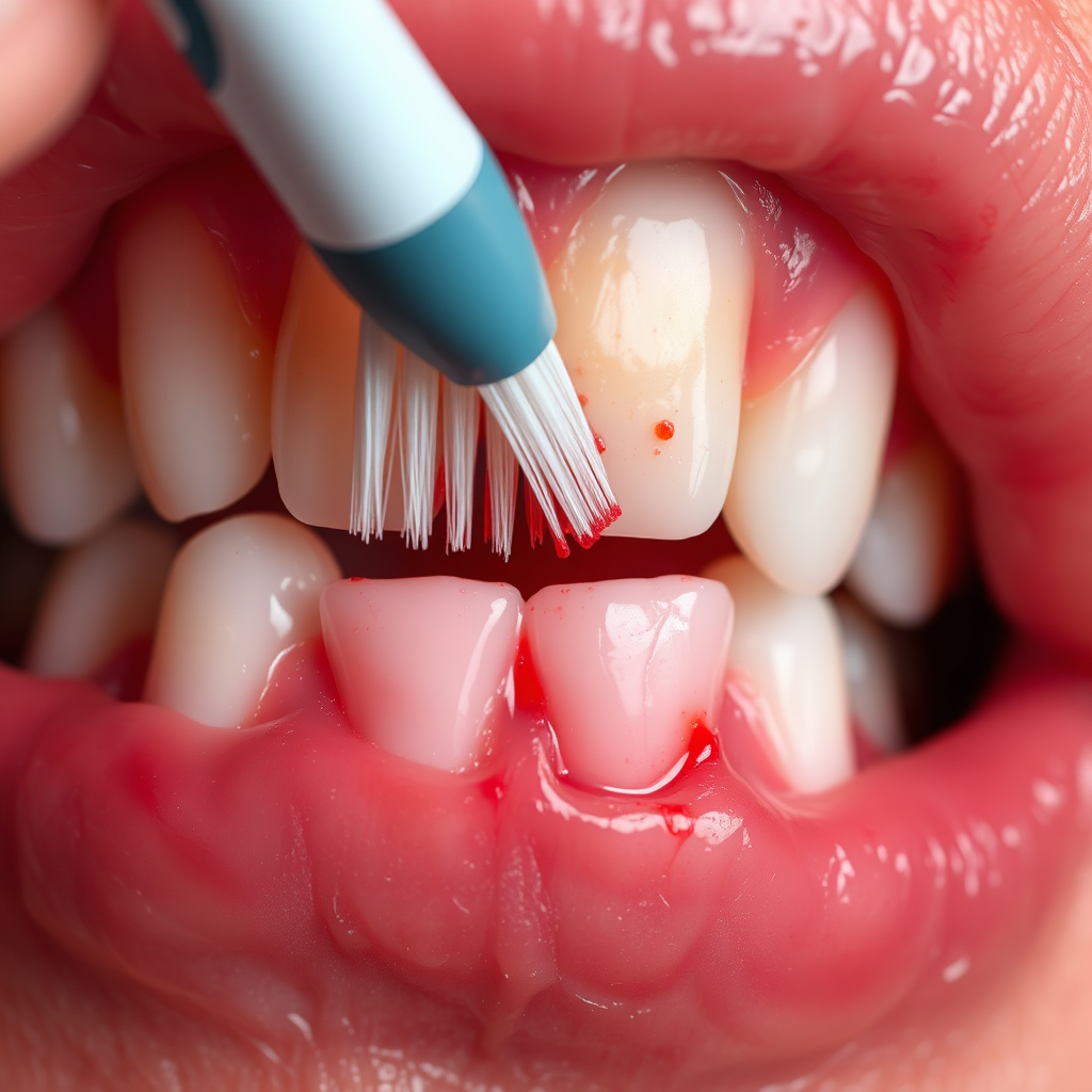Create a close-up view of inflamed gums. The gums are red, swollen, and bleeding. Use macro photography to highlight the detail and texture of the inflamed tissue. Include a single toothbrush bristle brushing against the gums, causing slight bleeding. The overall image should convey a sense of pain and discomfort. Lighting: high contrast, drawing attention to the inflammation. Style: medical visualization with artistic enhancements, 8k, photorealistic.