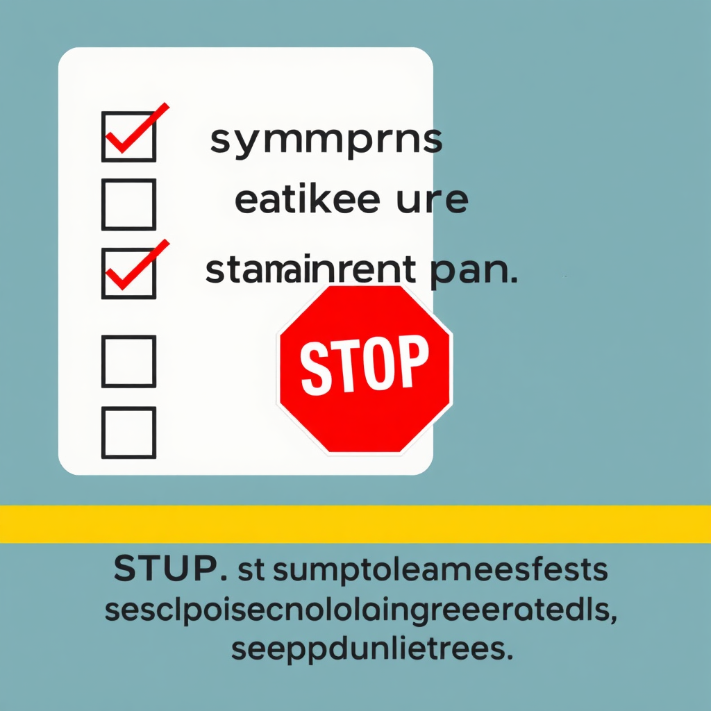 Create a digital illustration depicting a checklist with the symptoms listed: nausea, fatigue, dark urine, stomach pain, and jaundice. The checklist should have a distinct 'X' mark next to each symptom. A red 'STOP' sign should be prominently displayed, directing users to immediately stop supplement usage and seek medical attention. The color palette should emphasize the warning, using vibrant reds and yellows to grab attention.