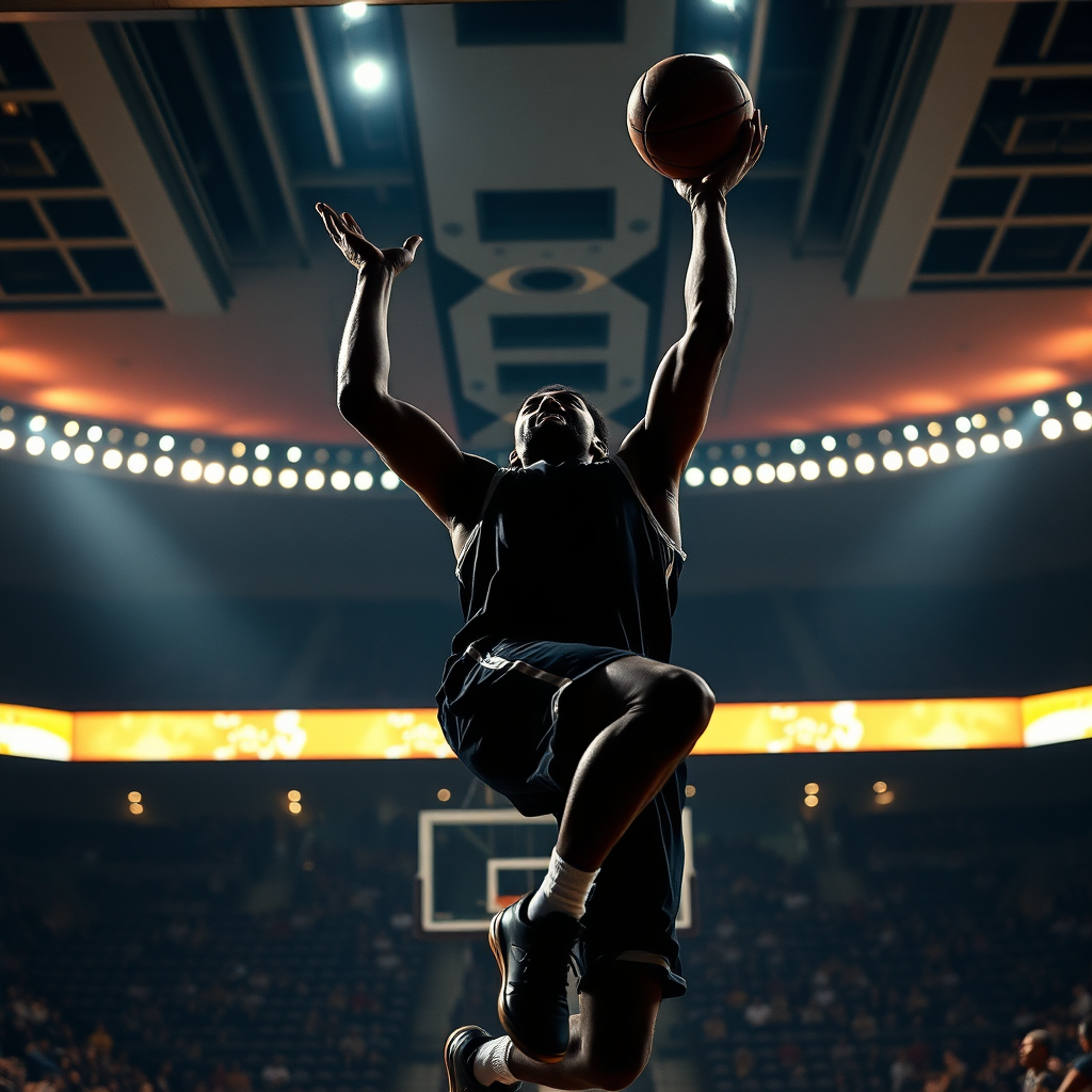 Create a dynamic, photorealistic image of a basketball player leaping high to make a shot. The player is silhouetted against a brightly lit basketball arena, creating a sense of drama and excitement. The player must have a fierce expression. 8K resolution, high-speed photography, professional lighting.