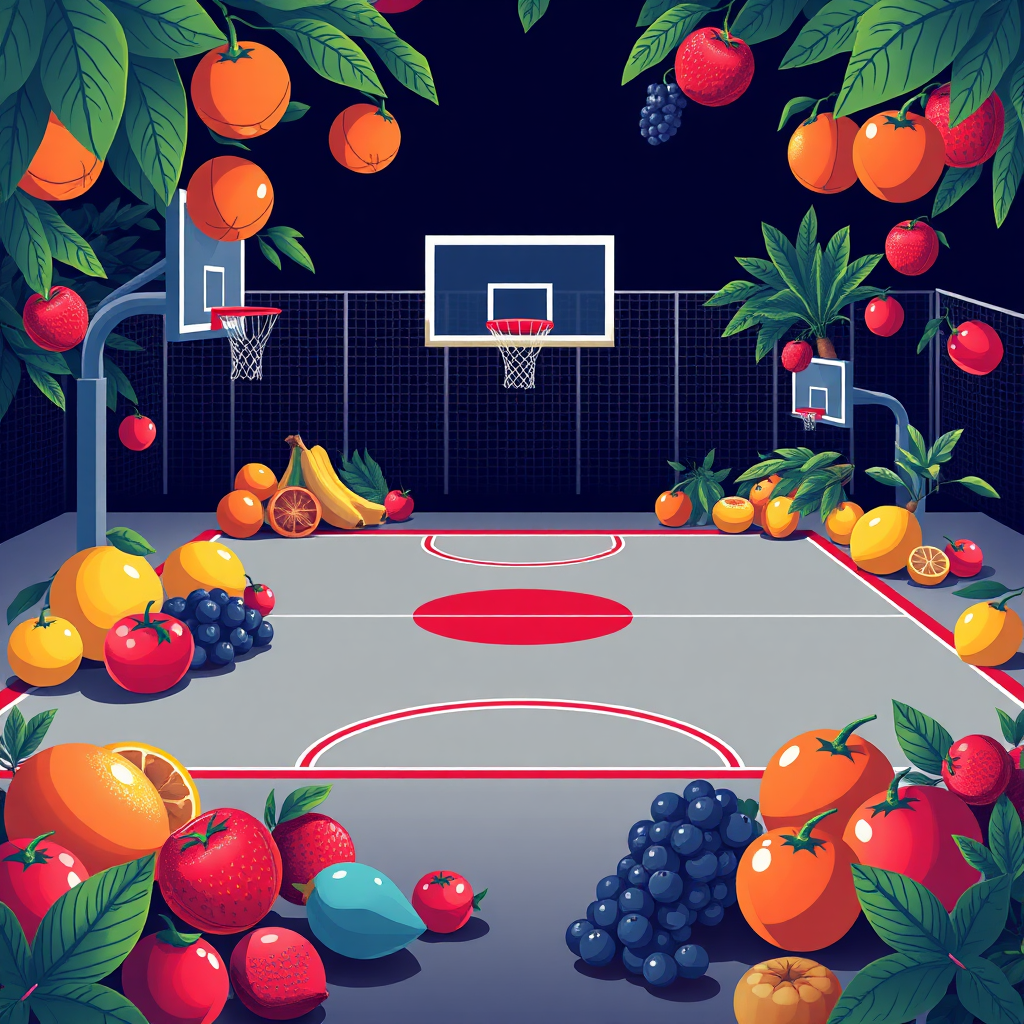 Create a illustration of a basketball court and various fruits surrounding the basketball court. Make the style modern. 8k resolution, professional illustration.
